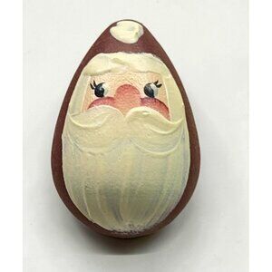 Vintage Santa Claus Egg Pin Hand Crafted Wood Christmas Brooch Gift Rustic
